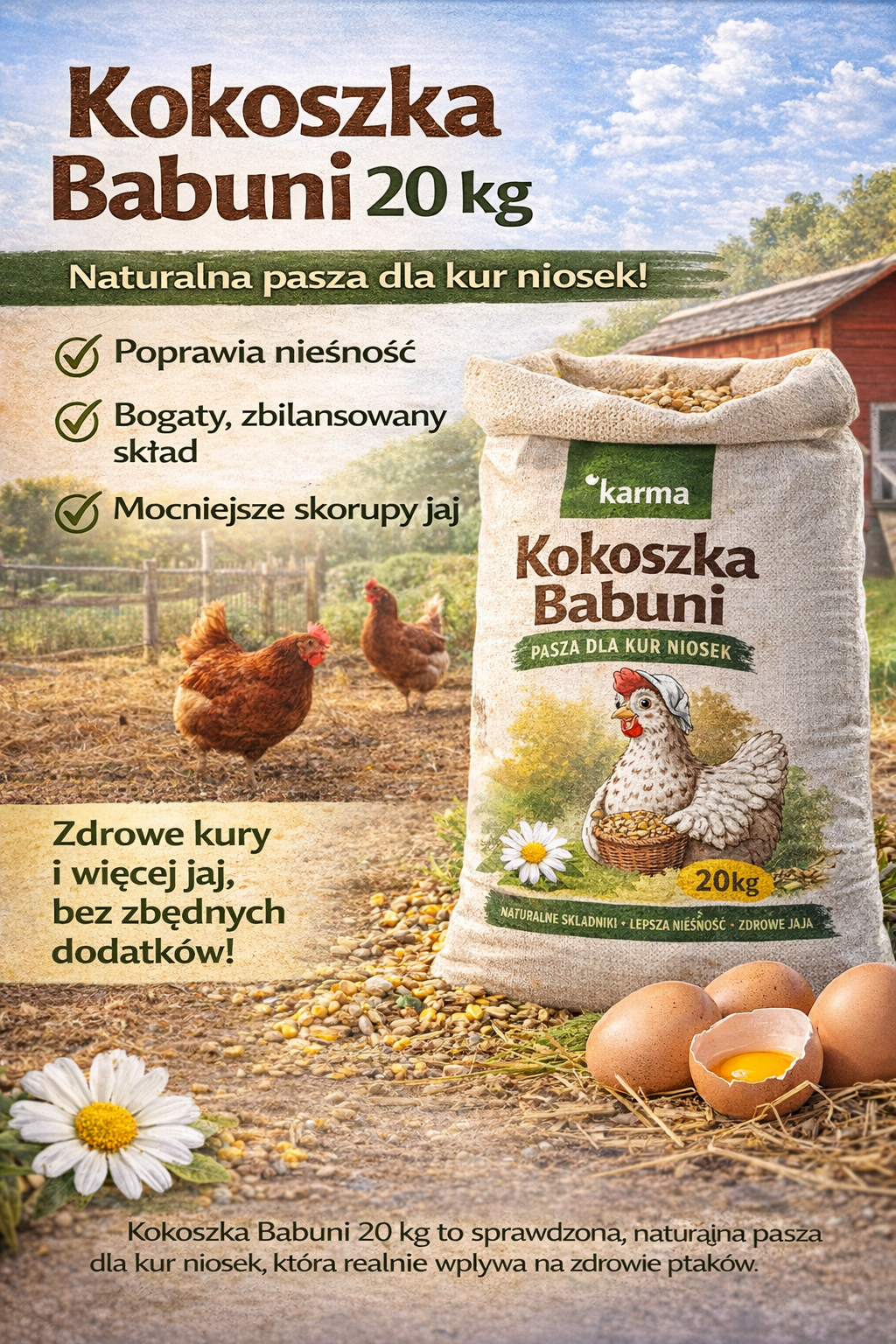 Kokoszka Babuni – naturalna pasza dla kur niosek, która poprawia nieśność i jakość jaj